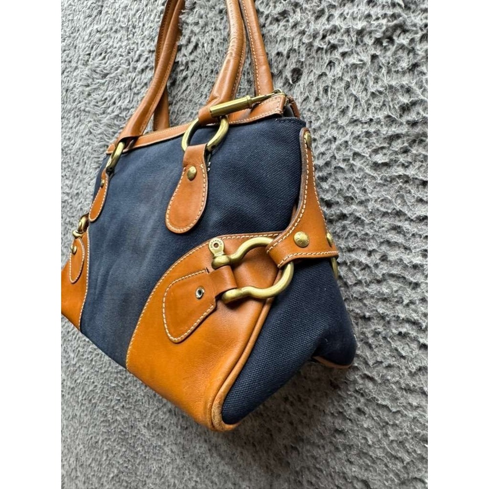 Vintage Burberry London Women' s Canvas Leather Trim Top Handle Bag‎ Navy Blue - Picture 5 of 16